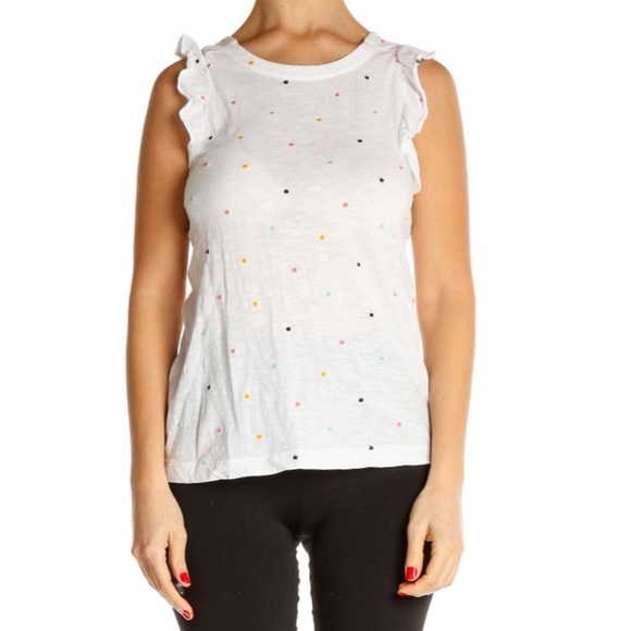 LOFT White Multi-Colored Embroidered Polka Dot Ruffle Top - Picture 2 of 5